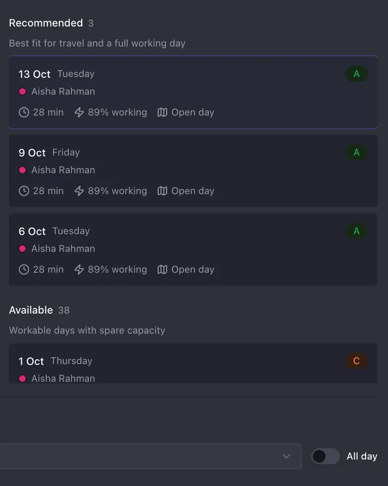 Onroute's recommended routes: the route on a map and the best dates, with drive time and how full each day is